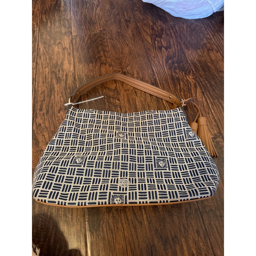 Anne Klein Hobo Bag Blue White Woven Geometric Tassel Shoulder Bag Tan Trim